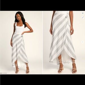 Lulus Golden Sunset Grey and White Striped Wrap Maxi Skirt